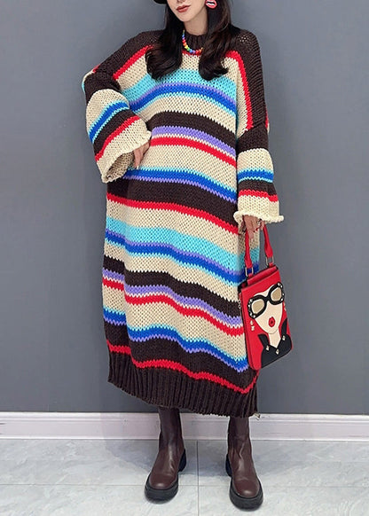 Loose Striped O-Neck Hollow Out Patchwork Knit Dresses Fall Ada Fashion