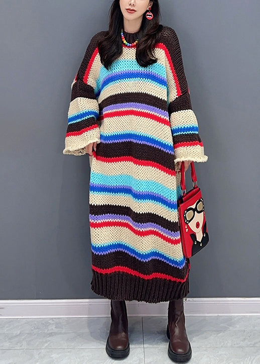 Loose Striped O-Neck Hollow Out Patchwork Knit Dresses Fall Ada Fashion