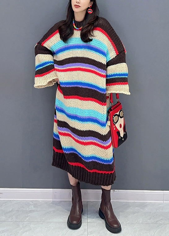 Loose Striped O-Neck Hollow Out Patchwork Knit Dresses Fall Ada Fashion