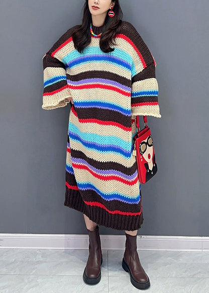 Loose Striped O-Neck Hollow Out Patchwork Knit Dresses Fall Ada Fashion