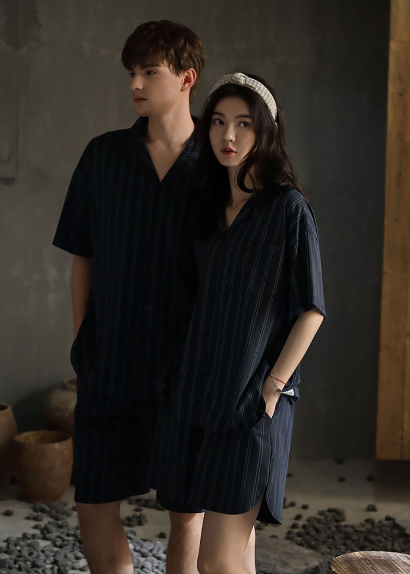 Loose Striped Peter Pan Collar Button Cotton Couple Pajamas Two Pieces Set Short Sleeve LY2845 - fabuloryshop