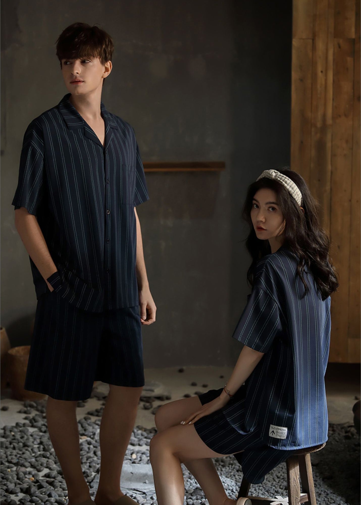 Loose Striped Peter Pan Collar Button Cotton Couple Pajamas Two Pieces Set Short Sleeve LY2845 - fabuloryshop