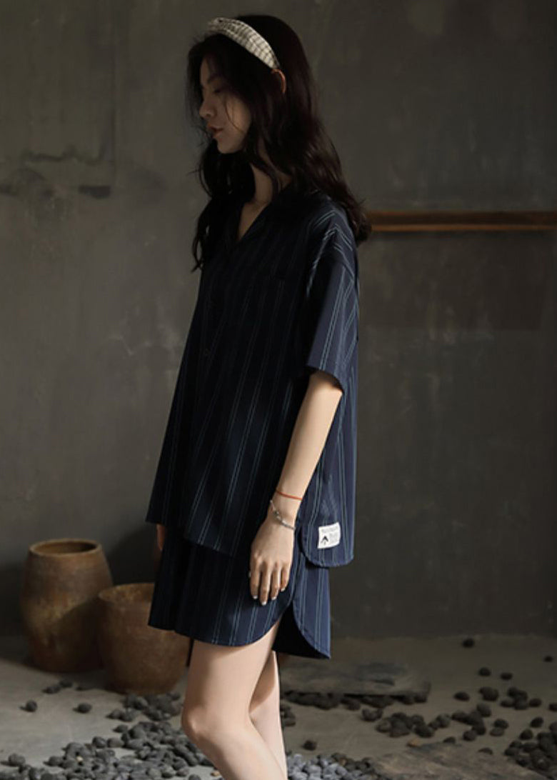 Loose Striped Peter Pan Collar Button Cotton Couple Pajamas Two Pieces Set Short Sleeve LY2845