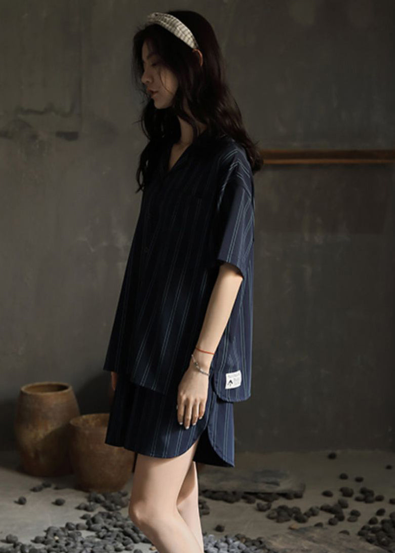 Loose Striped Peter Pan Collar Button Cotton Couple Pajamas Two Pieces Set Short Sleeve LY2845 - fabuloryshop