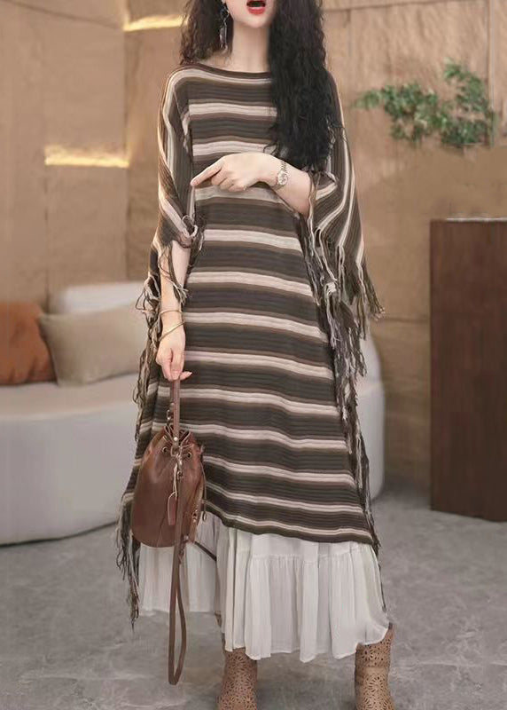 Loose Striped Tasseled Patchwork Knit Long Dresses Fall Ada Fashion