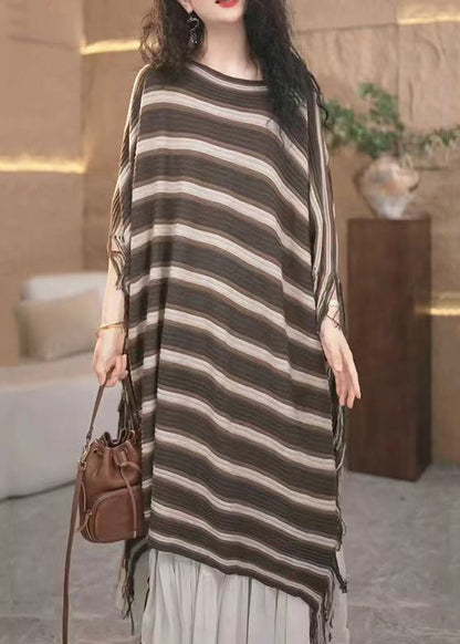 Loose Striped Tasseled Patchwork Knit Long Dresses Fall Ada Fashion