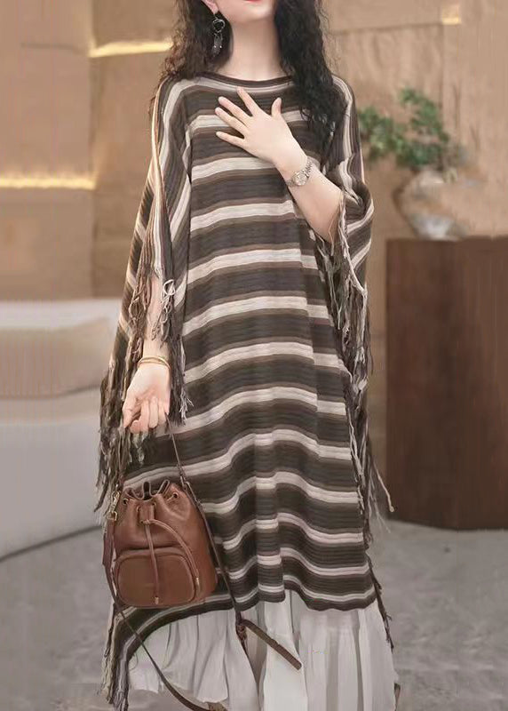 Loose Striped Tasseled Patchwork Knit Long Dresses Fall Ada Fashion