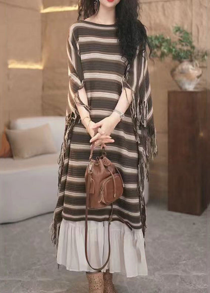 Loose Striped Tasseled Patchwork Knit Long Dresses Fall Ada Fashion