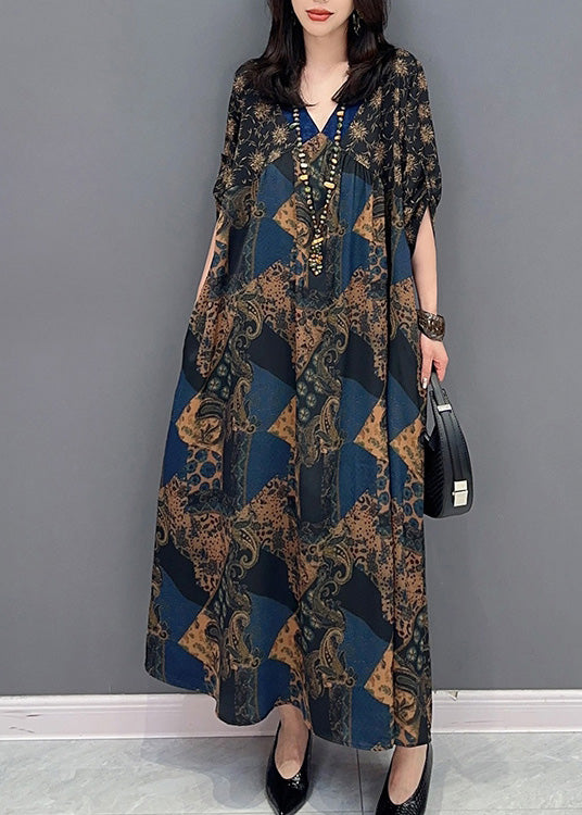 Loose V Neck Print Long Dress Summer LY4387 - fabuloryshop