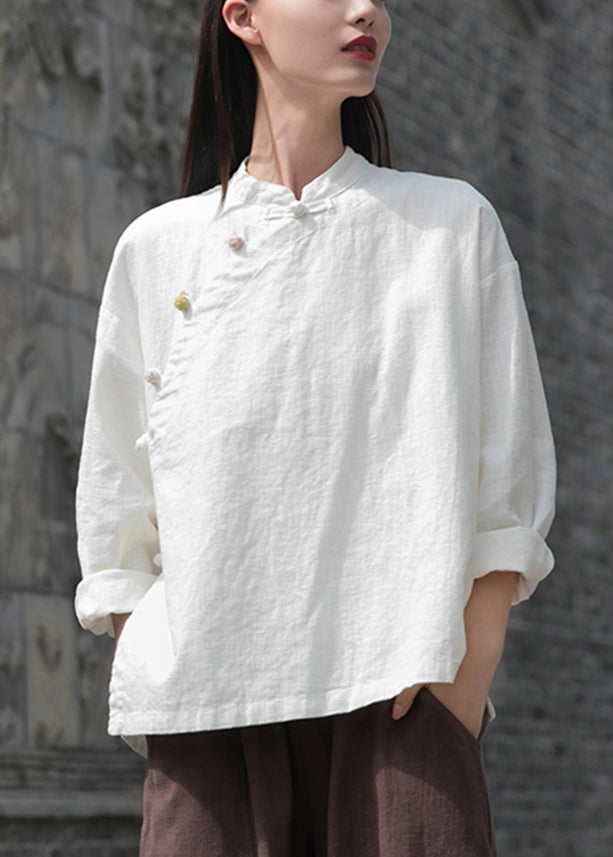 Loose White Button Side Open Patchwork Linen Shirt Top Fall Ada Fashion