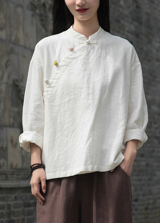 Loose White Button Side Open Patchwork Linen Shirt Top Fall Ada Fashion