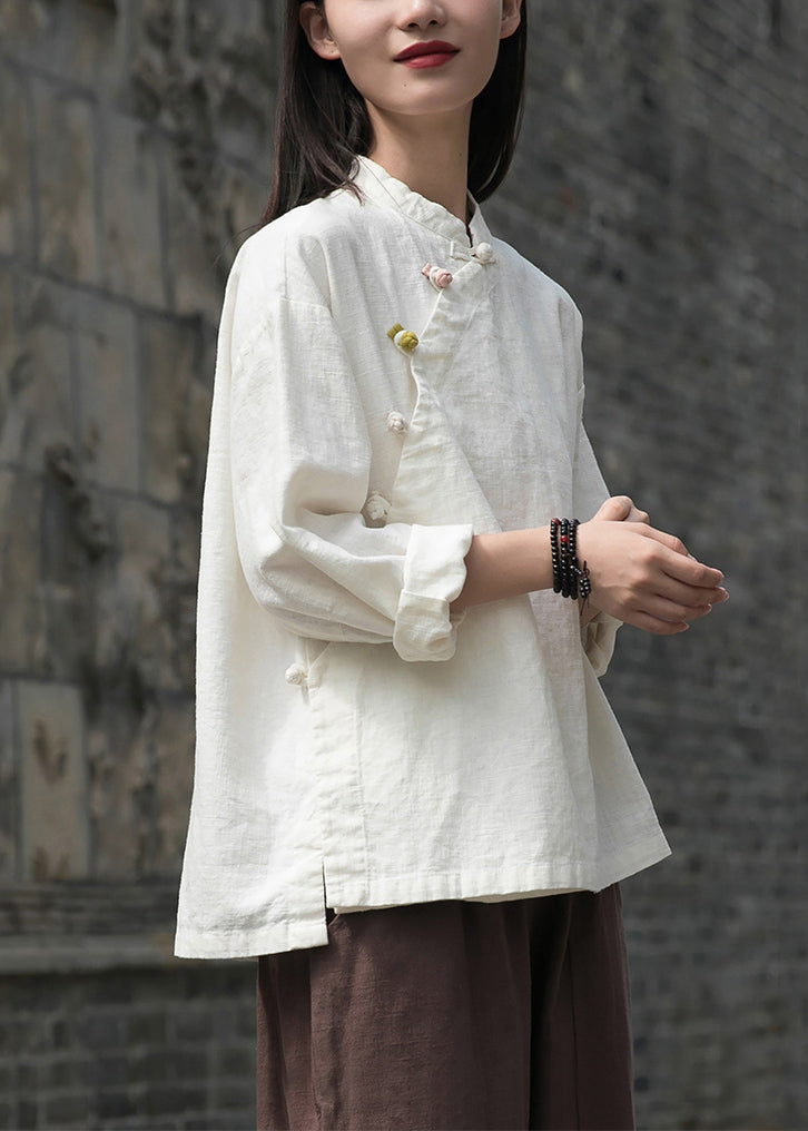 Loose White Button Side Open Patchwork Linen Shirt Top Fall Ada Fashion