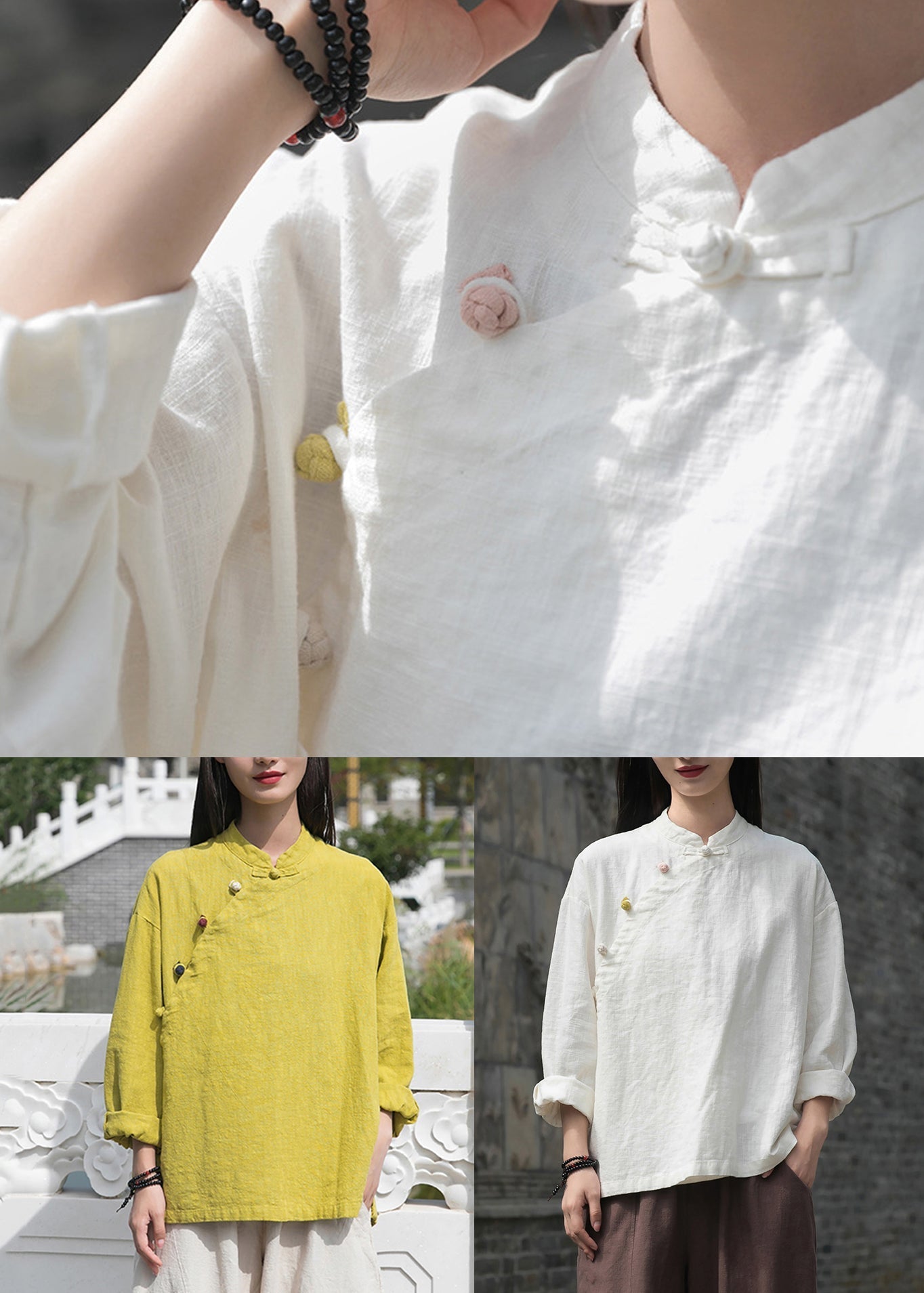 Loose White Button Side Open Patchwork Linen Shirt Top Fall Ada Fashion