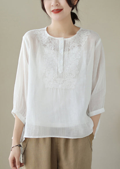 Loose White Embroideried Button Patchwork Cotton Blouse Summer Ada Fashion