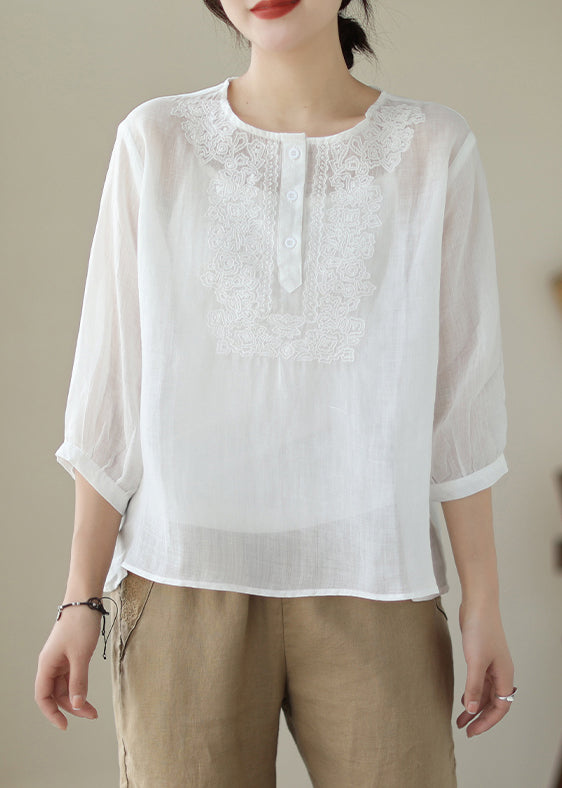 Loose White Embroideried Button Patchwork Cotton Blouse Summer Ada Fashion