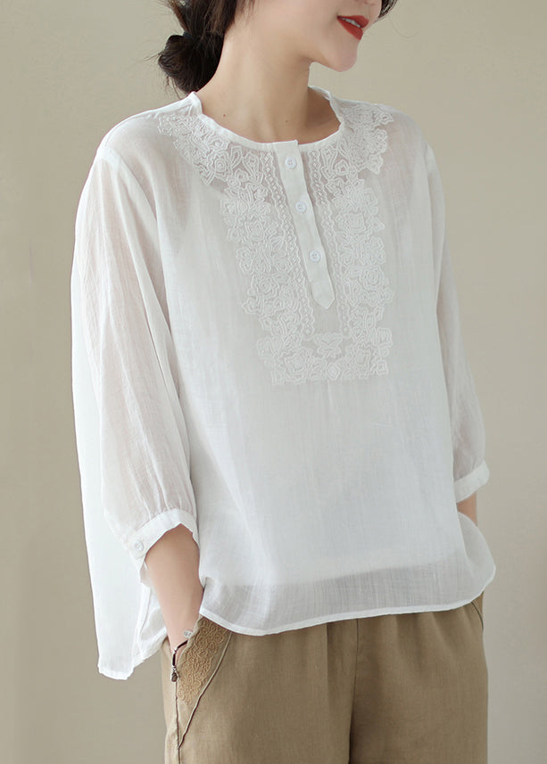 Loose White Embroideried Button Patchwork Cotton Blouse Summer Ada Fashion