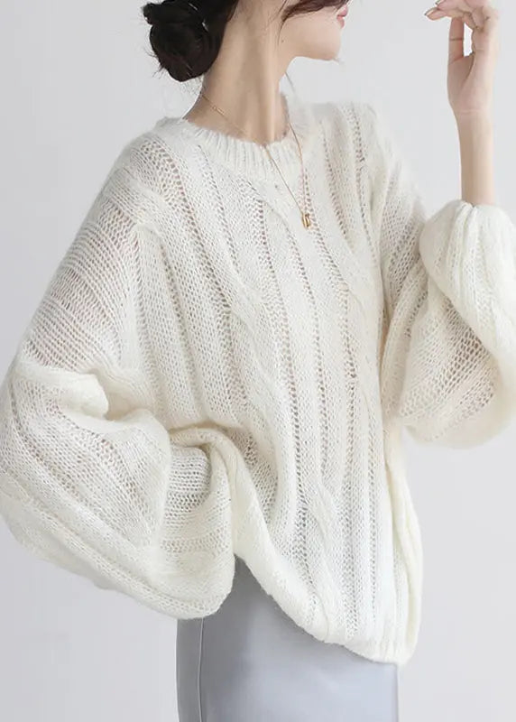 Loose White Hollow Out  Cozy Woolen Shirt Puff Sleeve Ada Fashion