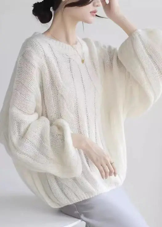 Loose White Hollow Out  Cozy Woolen Shirt Puff Sleeve Ada Fashion