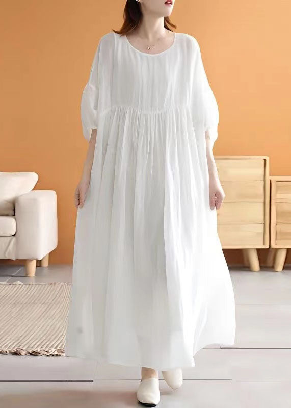 Loose White O Neck Wrinkled Patchwork Linen Long Dresses Summer Ada Fashion