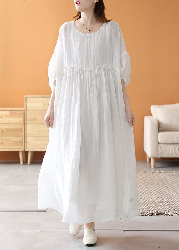 Loose White O Neck Wrinkled Patchwork Linen Long Dresses Summer Ada Fashion