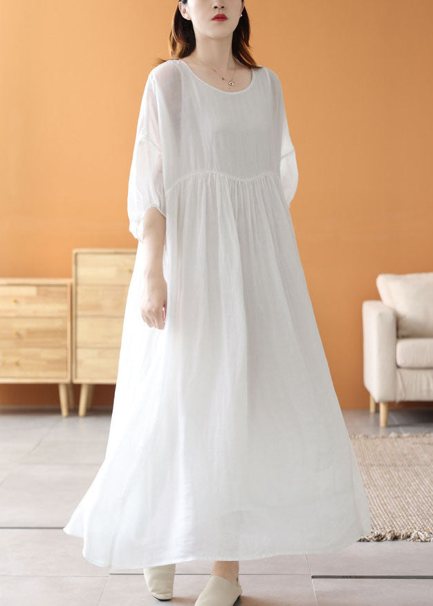 Loose White O Neck Wrinkled Patchwork Linen Long Dresses Summer Ada Fashion