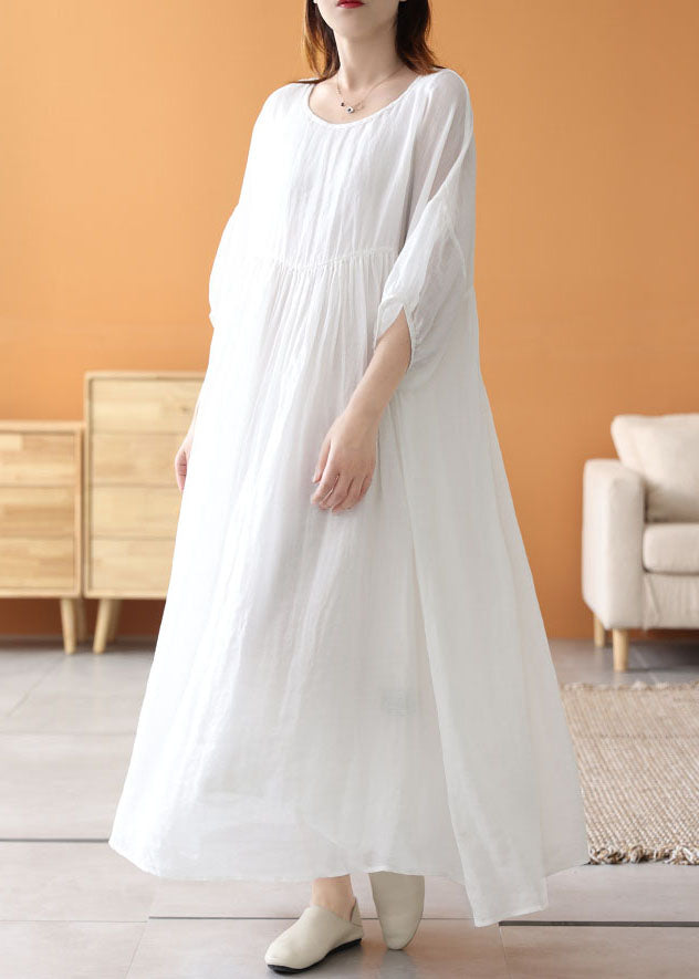Loose White O Neck Wrinkled Patchwork Linen Long Dresses Summer Ada Fashion