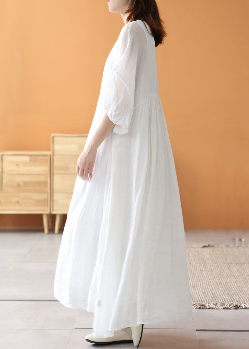 Loose White O Neck Wrinkled Patchwork Linen Long Dresses Summer Ada Fashion