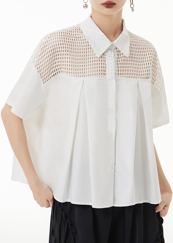 Loose White Peter Pan Collar Hollow Out Patchwork Cotton Shirt Summer Ada Fashion