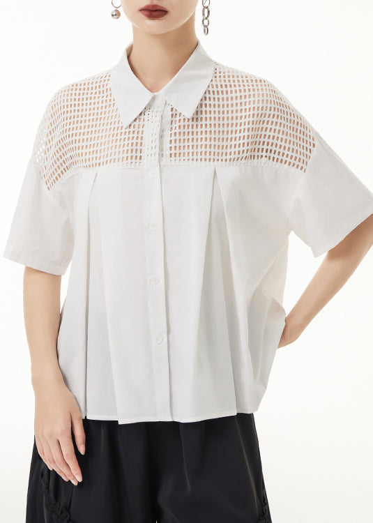 Loose White Peter Pan Collar Hollow Out Patchwork Cotton Shirt Summer Ada Fashion