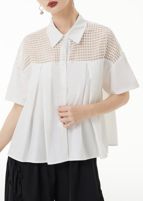 Loose White Peter Pan Collar Hollow Out Patchwork Cotton Shirt Summer Ada Fashion