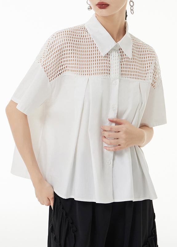 Loose White Peter Pan Collar Hollow Out Patchwork Cotton Shirt Summer Ada Fashion