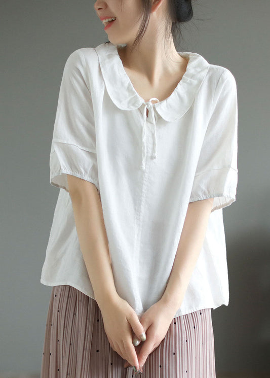 Loose White Peter Pan Collar Patchwork Cotton T Shirts Summer LY6182 - fabuloryshop