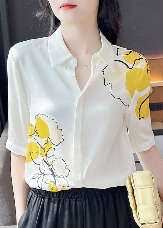 Loose White Peter Pan Collar Print Button Silk Shirts Short Sleeve LY0409 - fabuloryshop