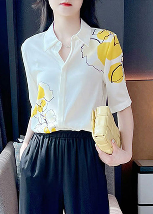 Loose White Peter Pan Collar Print Button Silk Shirts Short Sleeve LY0409 - fabuloryshop