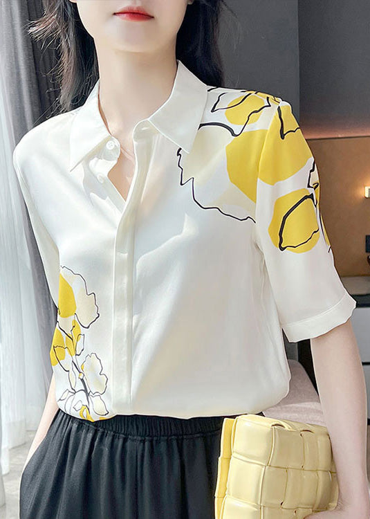 Loose White Peter Pan Collar Print Button Silk Shirts Short Sleeve LY0409 - fabuloryshop