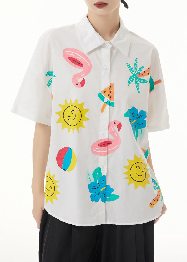 Loose White Peter Pan Collar Print Patchwork Cotton Blouse Short Sleeve Ada Fashion