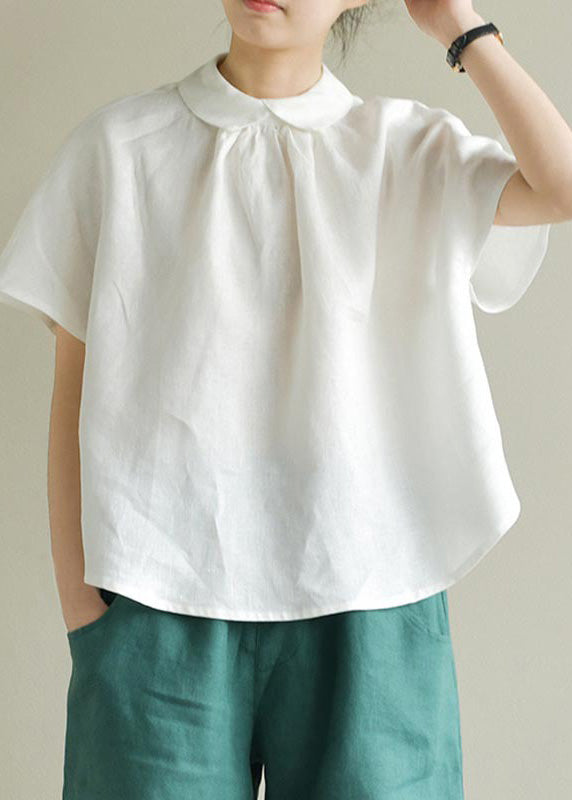 Loose White Peter Pan Collar Solid Linen Top Summer LY4527 - fabuloryshop