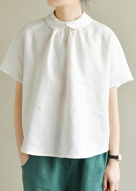 Loose White Peter Pan Collar Solid Linen Top Summer LY4527 - fabuloryshop