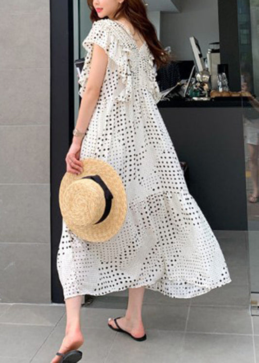 Loose White V Neck Asymmetrical Patchwork Wrinkled Dot Maxi Dress Short Sleeve LY2615 - fabuloryshop