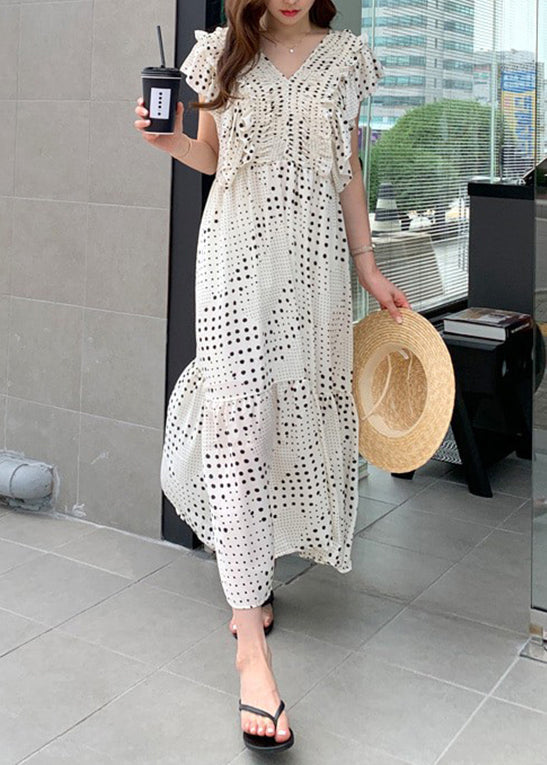 Loose White V Neck Asymmetrical Patchwork Wrinkled Dot Maxi Dress Short Sleeve LY2615 - fabuloryshop
