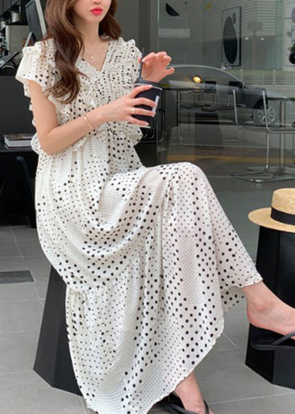 Loose White V Neck Asymmetrical Patchwork Wrinkled Dot Maxi Dress Short Sleeve LY2615 - fabuloryshop