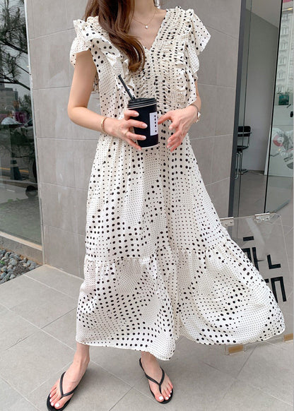 Loose White V Neck Asymmetrical Patchwork Wrinkled Dot Maxi Dress Short Sleeve LY2615 - fabuloryshop