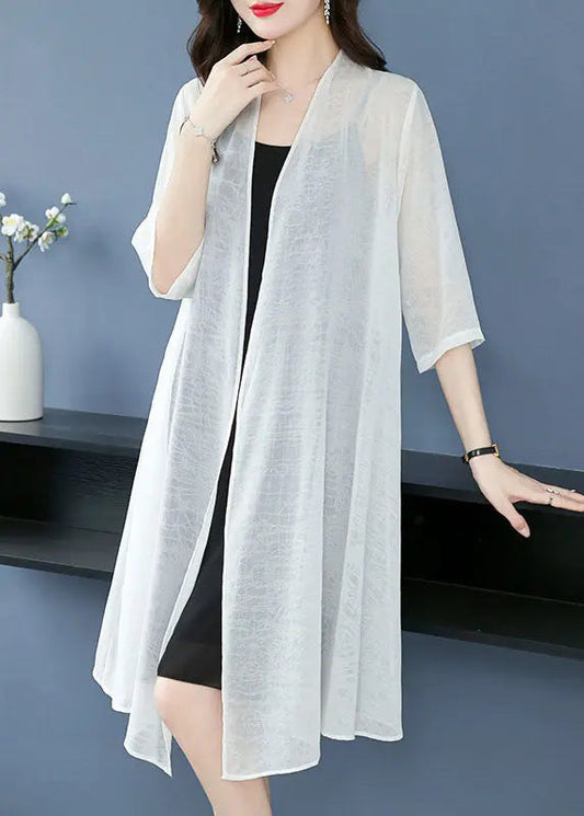 Loose White V Neck Solid Thin Silk Cardigans Summer Ada Fashion