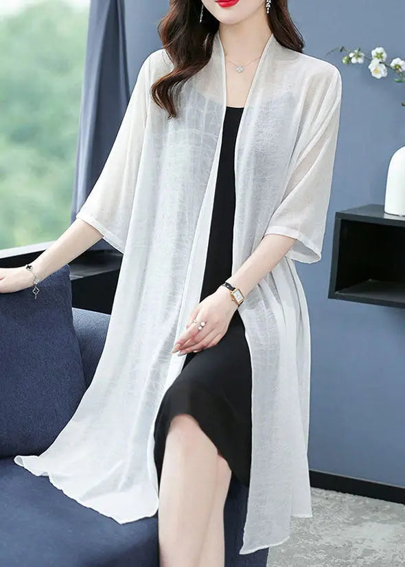 Loose White V Neck Solid Thin Silk Cardigans Summer Ada Fashion