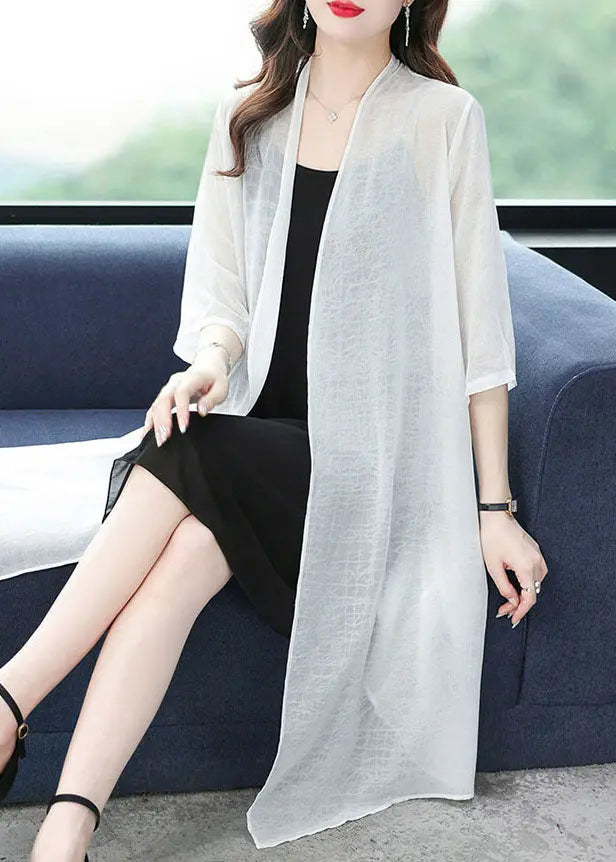 Loose White V Neck Solid Thin Silk Cardigans Summer Ada Fashion