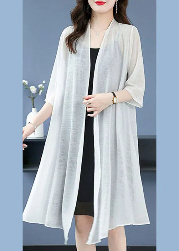 Loose White V Neck Solid Thin Silk Cardigans Summer Ada Fashion