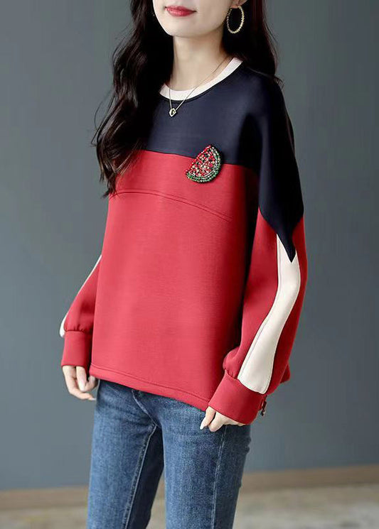 Loose Wine Red O-Neck Patchwork Sweatshirt Fall Ada Fashion