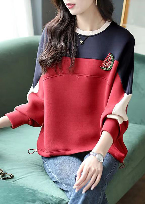 Loose Wine Red O-Neck Patchwork Sweatshirt Fall Ada Fashion