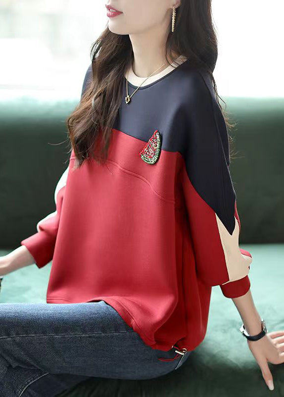 Loose Wine Red O-Neck Patchwork Sweatshirt Fall Ada Fashion