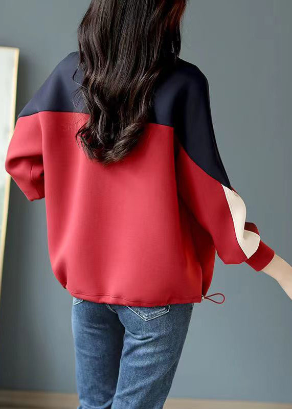 Loose Wine Red O-Neck Patchwork Sweatshirt Fall Ada Fashion